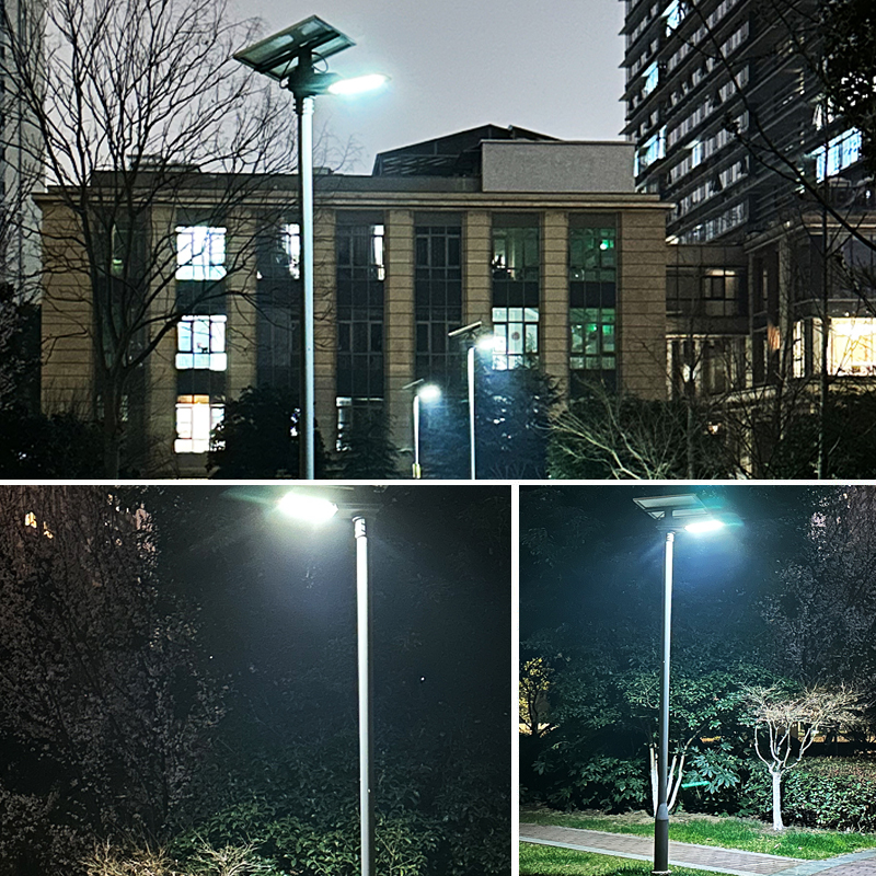 Postes solares fotovoltáicos iluminando espacios exteriores durante la noche